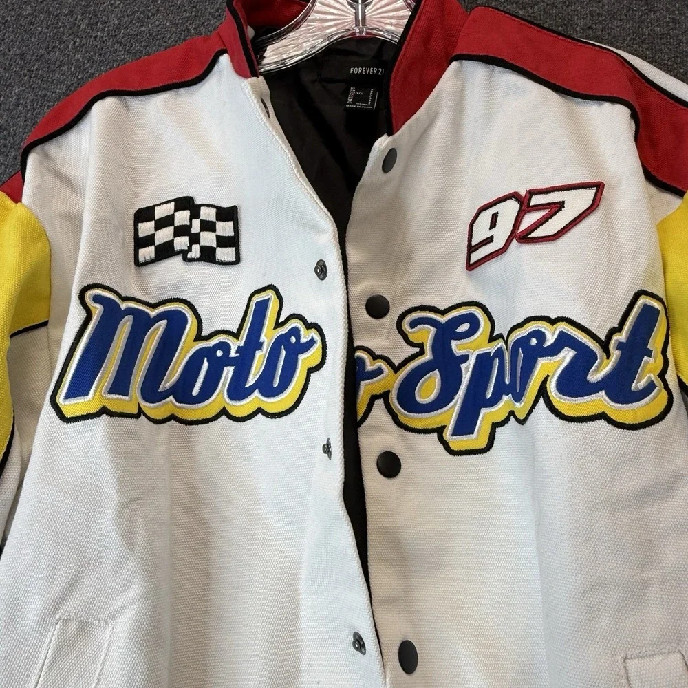 Forever 21 Racing Jacket Small Varsity Coat Moto Bomber Canvas Y2K Streetwear